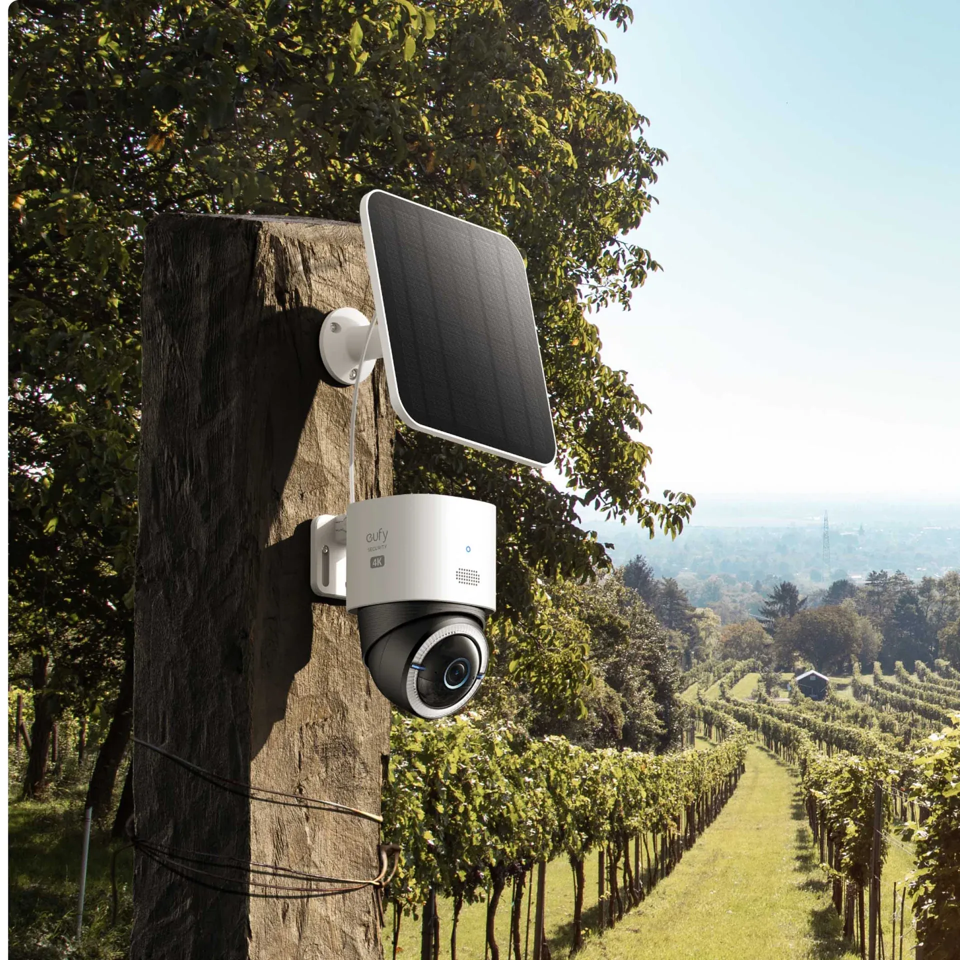 Eufy wireless CCTV camera with solar panel mounted outdoors