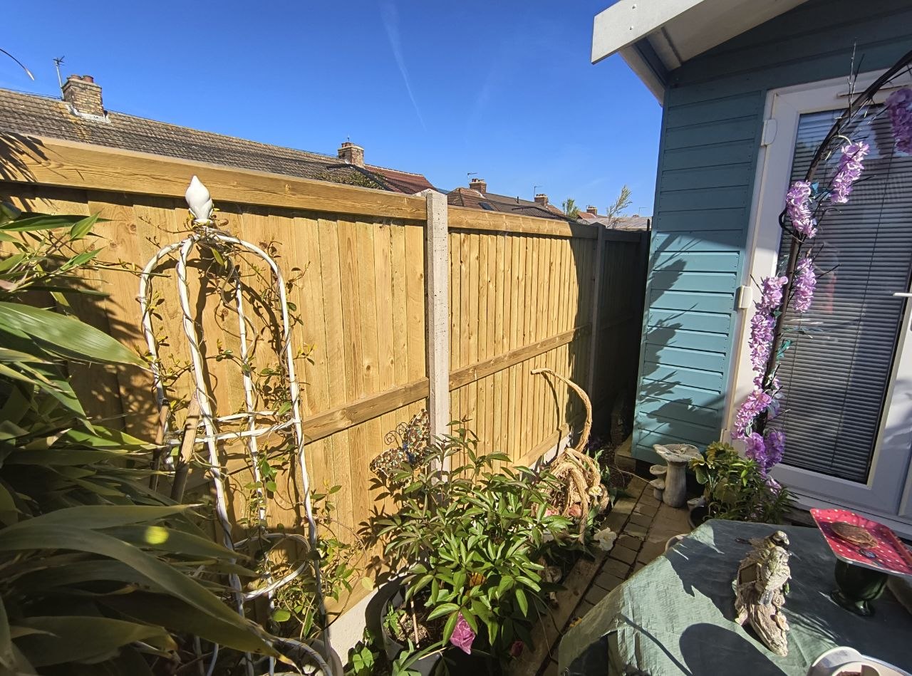 Back garden in Deal, Kent, timber fence panels along the boundary with a blue summer house at the right, climbing arch with mature plants, garden ornaments and flower borders, bright blue sky overhead.