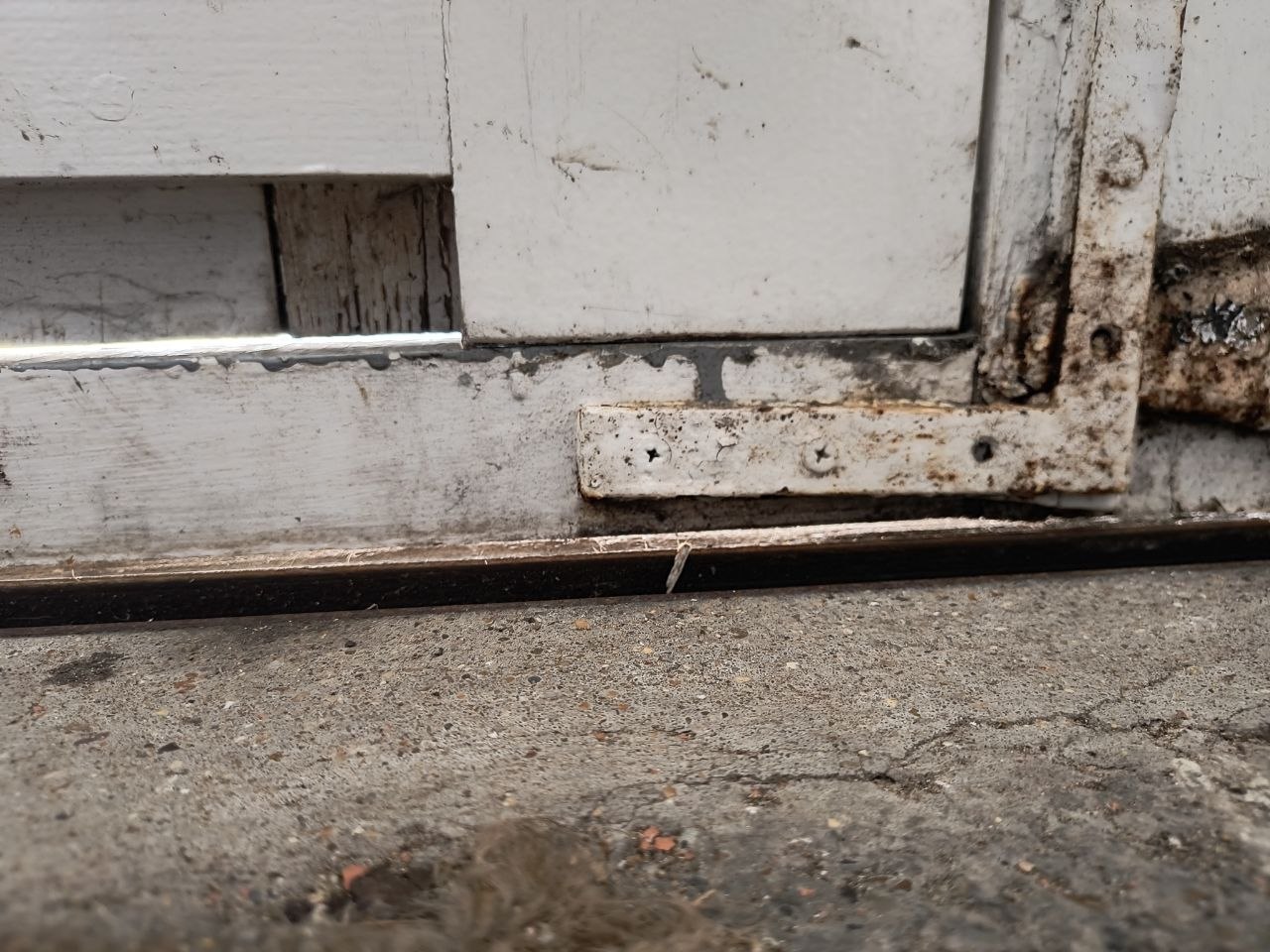Lower portion of the door panel viewed straight on, flaking white paint, rust streaks, and visible timber damage along the bottom edge where it meets the threshold.