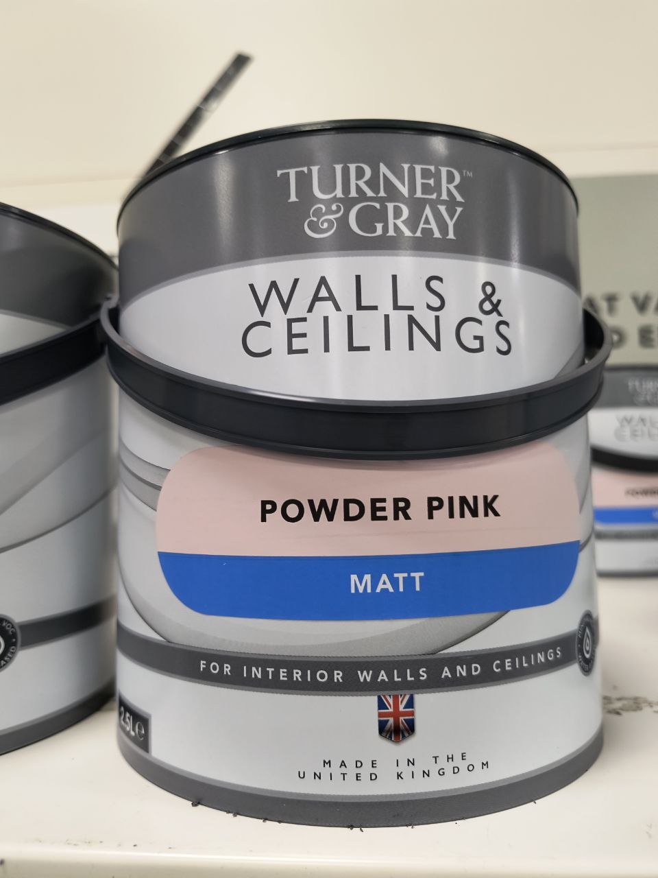 2.5-litre tin of Turner & Gray Walls and Ceilings paint in Powder Pink matt finish, made in the United Kingdom.